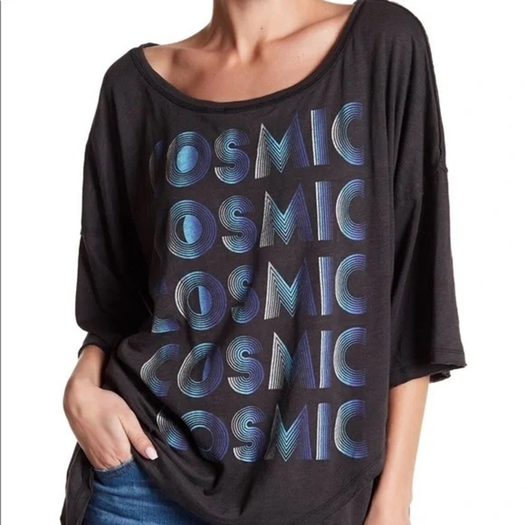 We The Free Tops - FREE PEOPLE Cosmic Gray T-Shirt Graphic Short Sleeve Tee Asymmetrical Sz XS